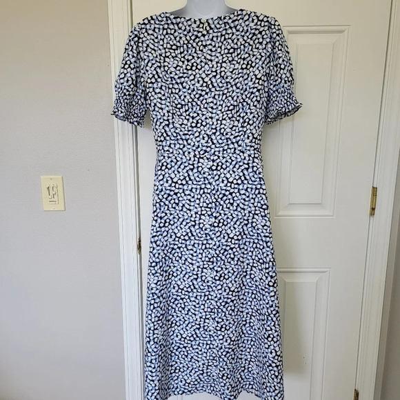 Draper James Patsy Dress In Square Geo Blue Cream Ruffled Sleeves Tie Front Sz 6 - Picture 8 of 13